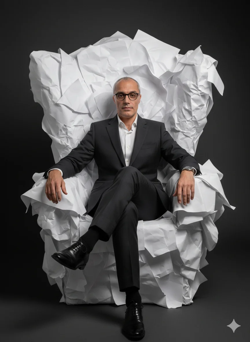 Мужчина в тёмном костюме сидит в кресле из листов бумаги