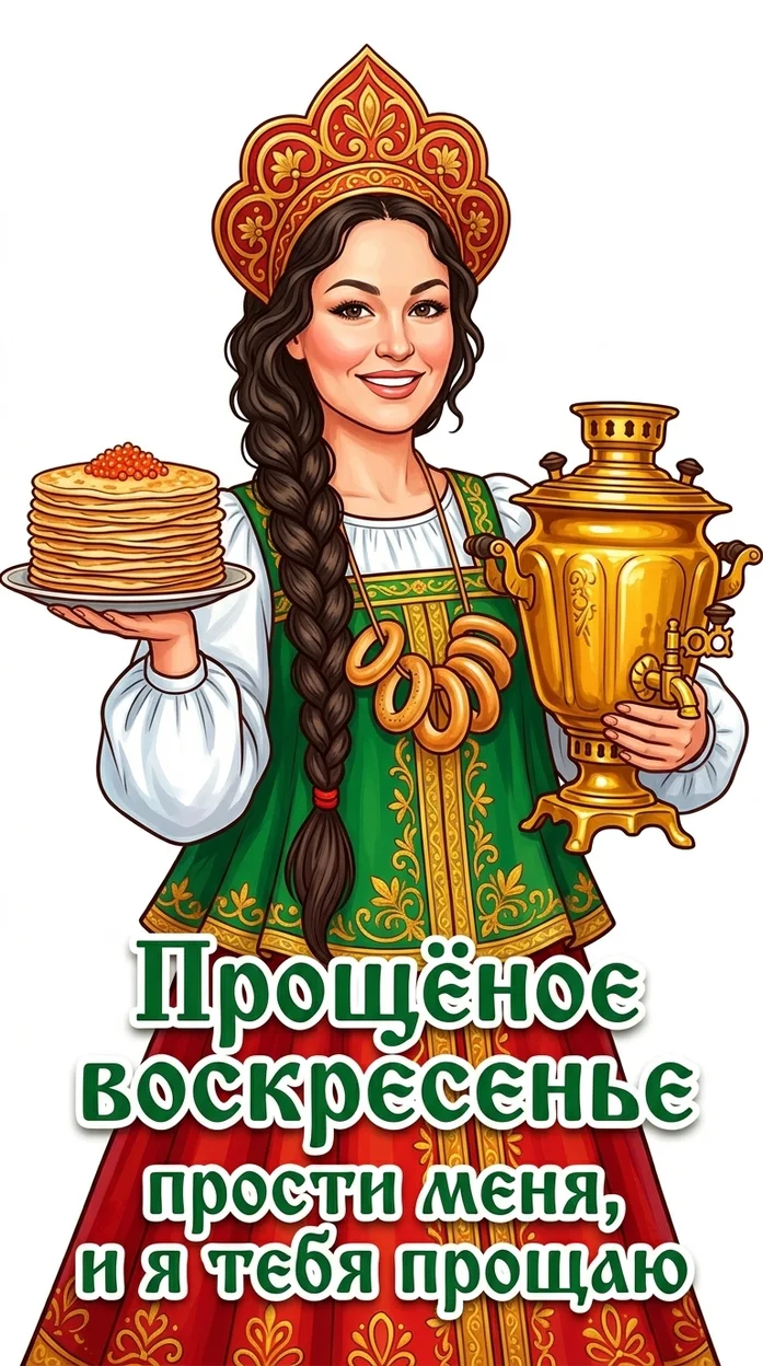 Открытка Прощённое воскресенье в народном стиле с блинами и самоваром  с вашим фото 