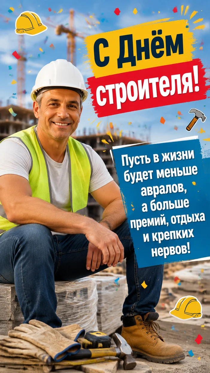Фотооткрытка сидящему строителю с крупным текстом «С Днём строителя!»