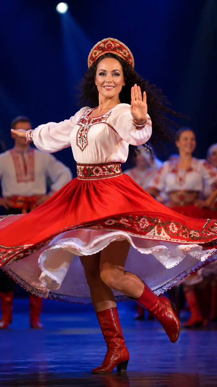 Фотосессия сольного русского танца с красной юбкой
