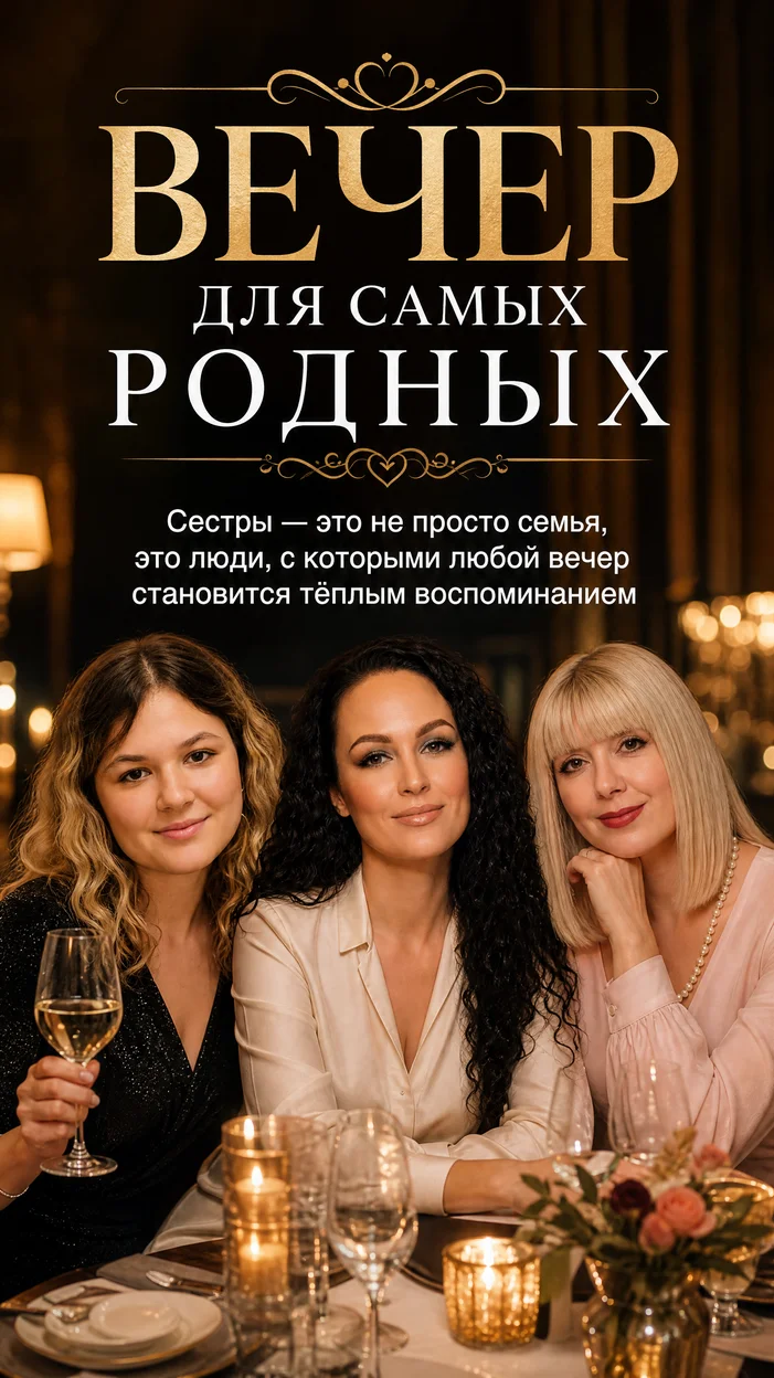 Фотосессия в ресторане сёстры в элегантных вечерних нарядах за столом — баннер «ВЕЧЕР ДЛЯ САМЫХ РОДНЫХ