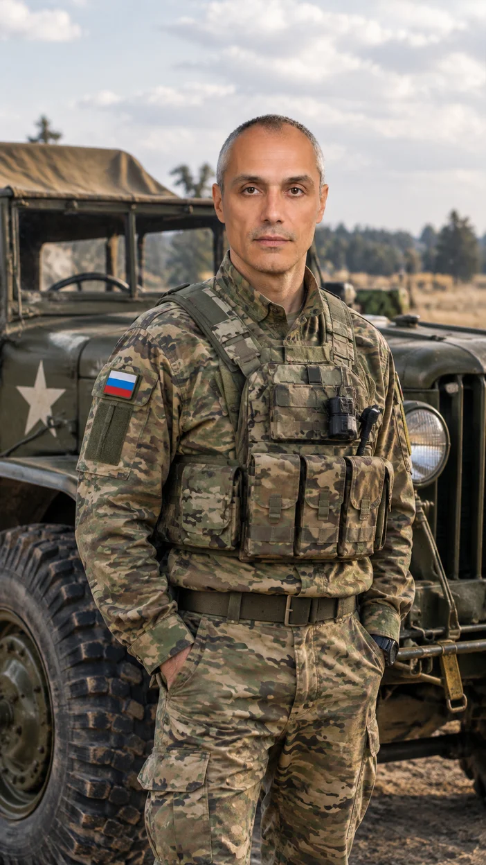 Фотосессия мужчина в современной российской военной форме возле ретро‑техники времен Второй мировой в музее под открытым небом