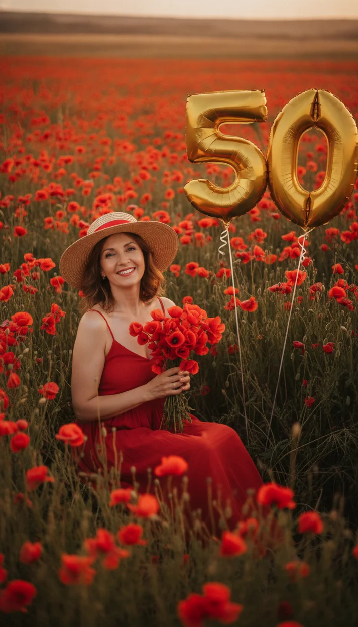 50 лет — фотосессия с маками в поле
