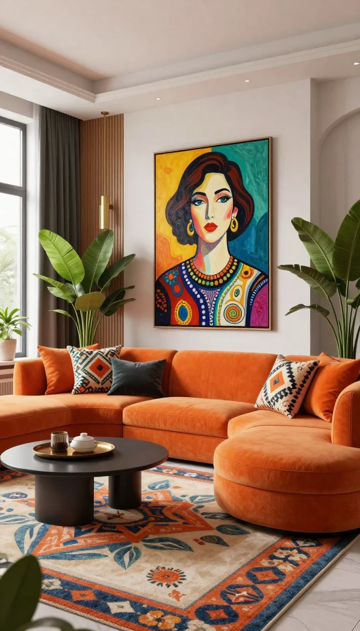 Яркая гостиная с арт-портретом и дизайнерским диваном