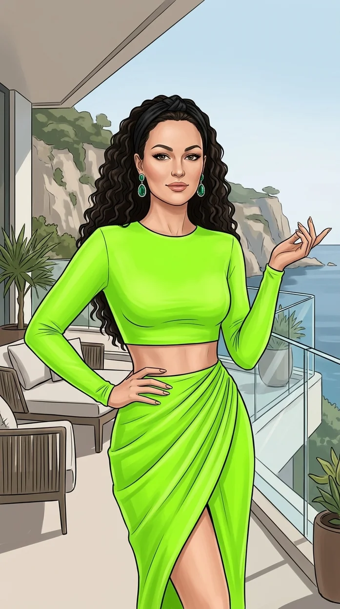 Девушка в ярком неоновом образе на террасе