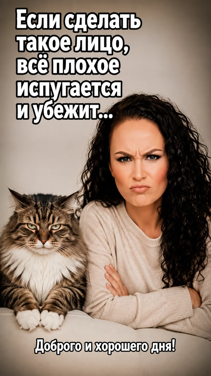 Фотооткрытка для всех с текстом "Если сделать такое лицо, всё плохое испугается и убежит..."