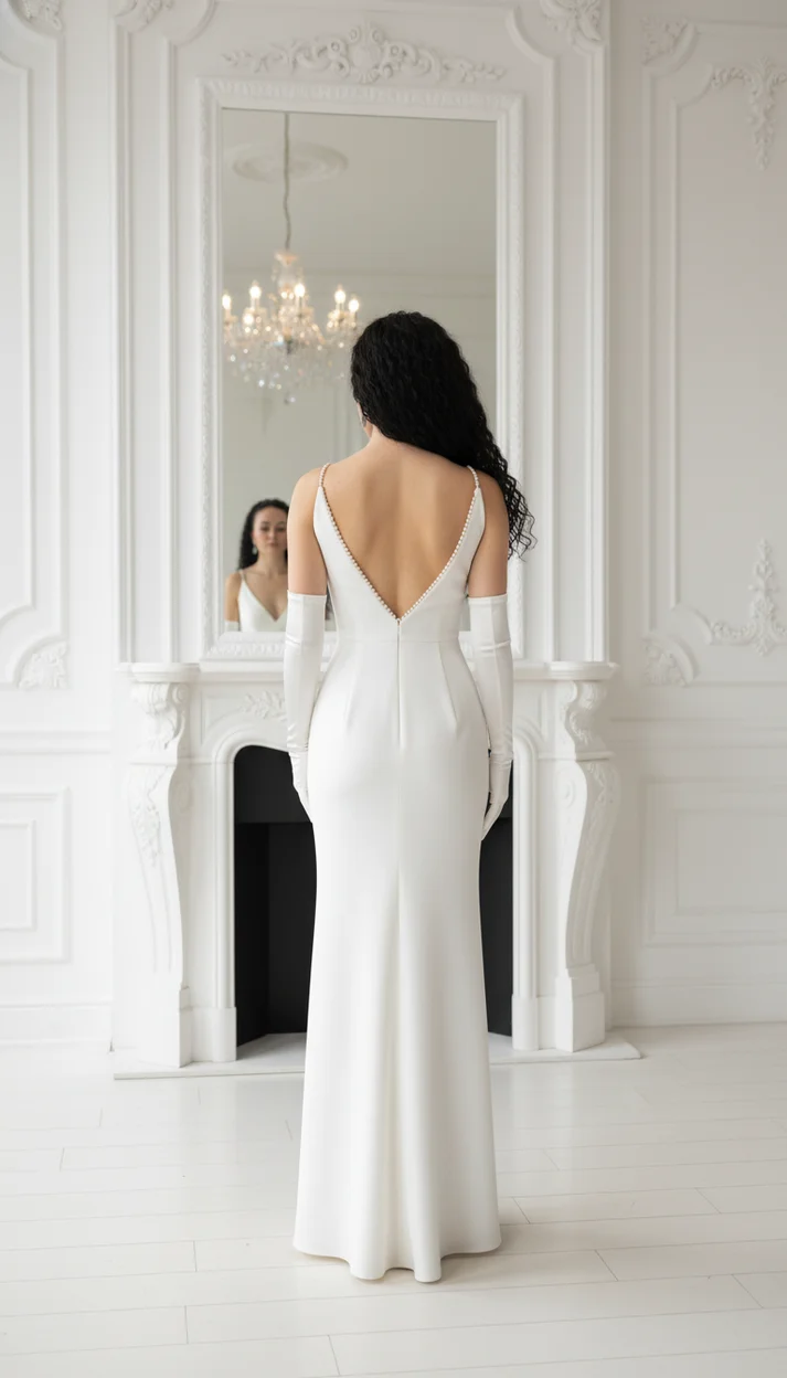 Девушка в белом платье с открытой спиной стоит спиной у камина