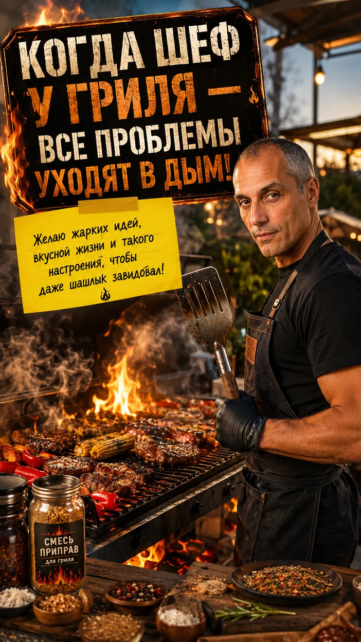 Фотооткрытка повару с пожеланием "КОГДА ШЕФ У ГРИЛЯ — ВСЕ ПРОБЛЕМЫ УХОДЯТ В ДЫМ!"