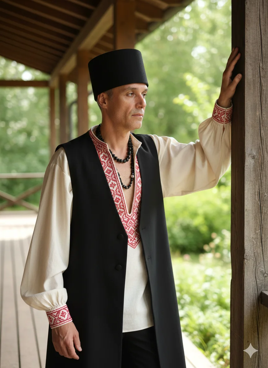 Мужчина в чёрном жилете и светлой рубахе у деревянной колонны 