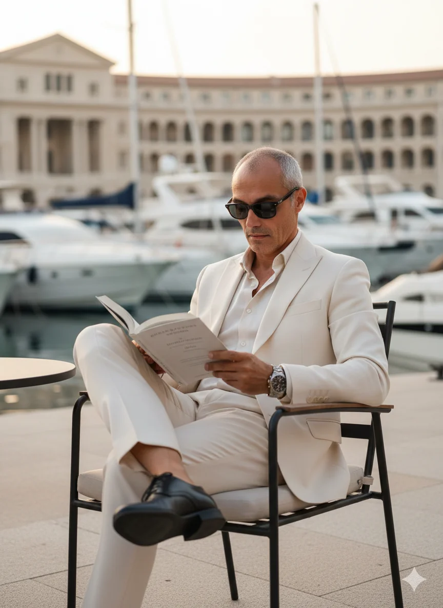 Мужчина в светлом костюме читает книгу на террасе у яхт