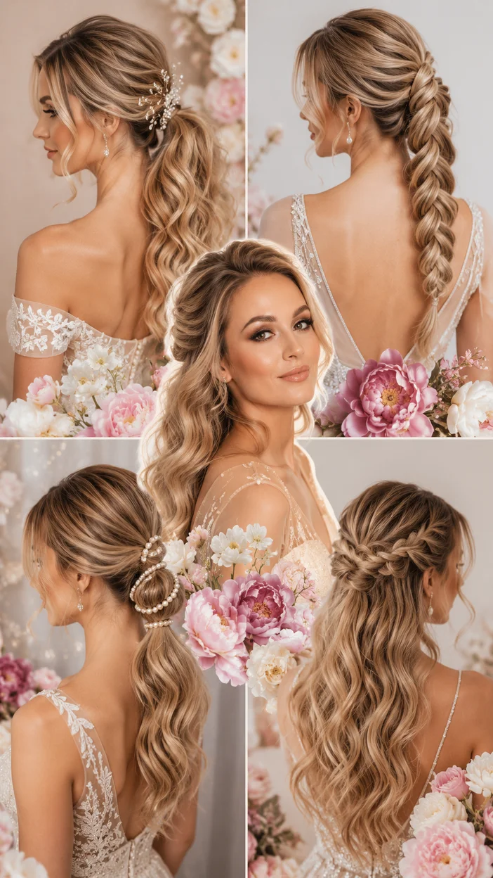 Фотосессия девушки с вечерними косами в beauty-коллаже из 5 блоков
