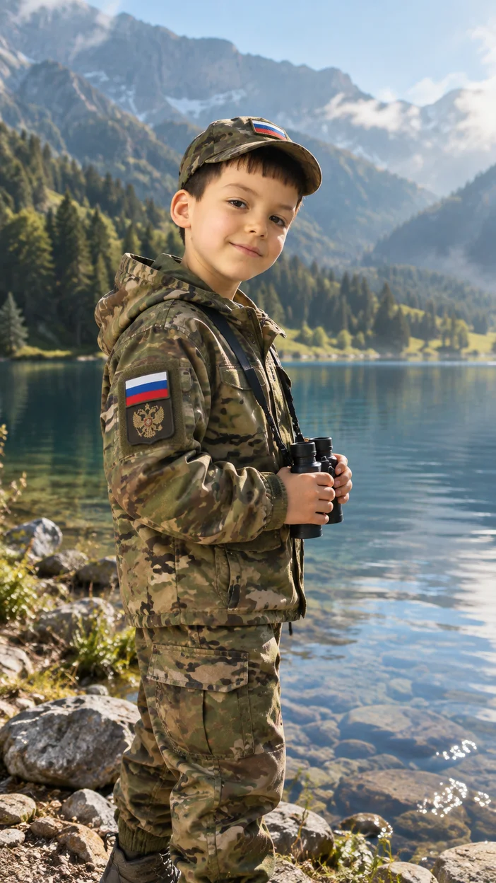 Фотосессия мальчика у горного озера в детской русской форме с биноклем и заметным шевроном