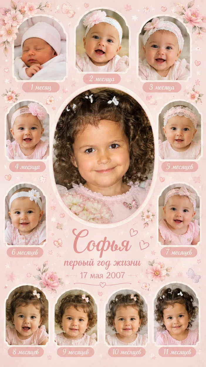 Фотосессия девочки в розовом коллаже первого года жизни