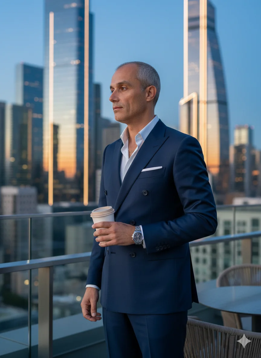 Мужчина в тёмно-синем костюме стоит на городской террасе с кофе