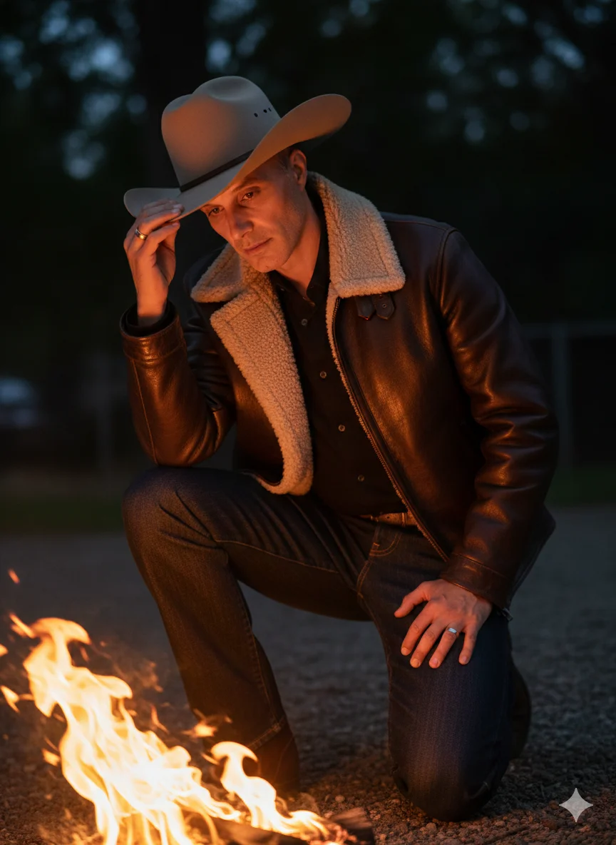 Мужчина у костра в кожаной куртке и ковбойской шляпе