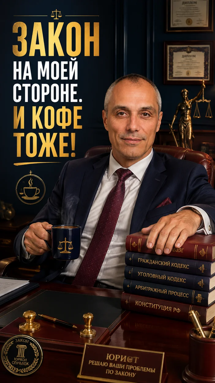 Фотооткрытка для коллеги с текстом "ЗАКОН НА МОЕЙ СТОРОНЕ. И КОФЕ ТОЖЕ!"