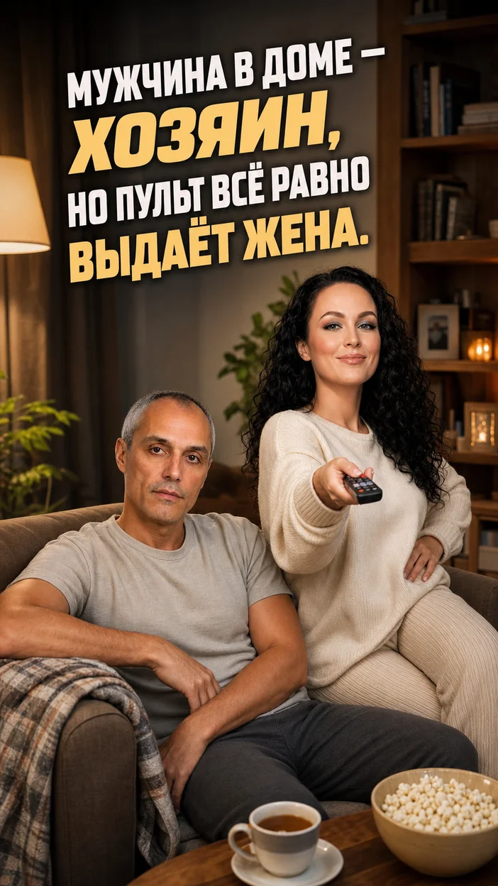 Фотооткрытка для супругов с текстом "Мужчина в доме — хозяин, но пульт всё равно выдаёт жена."