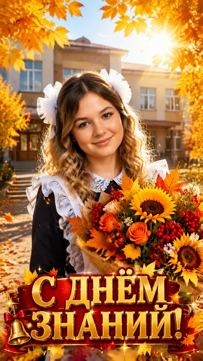 Фотооткрытка девочке с надписью «С ДНЁМ ЗНАНИЙ!»