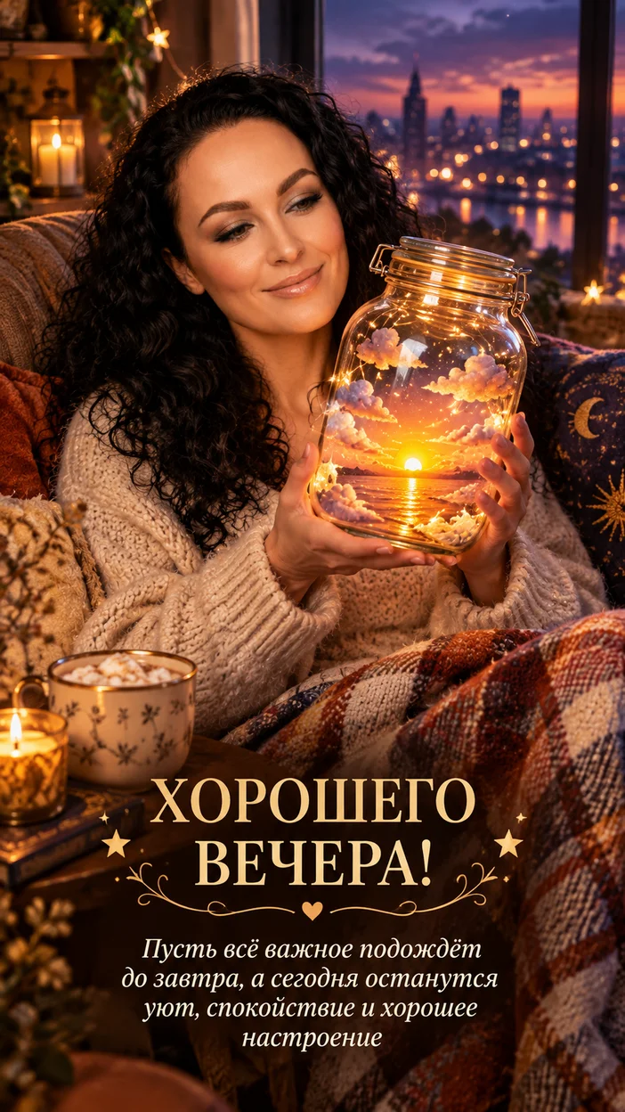 Фотосессия в кресле с большой стеклянной банкой‑закатом у окна — Хорошего вечера