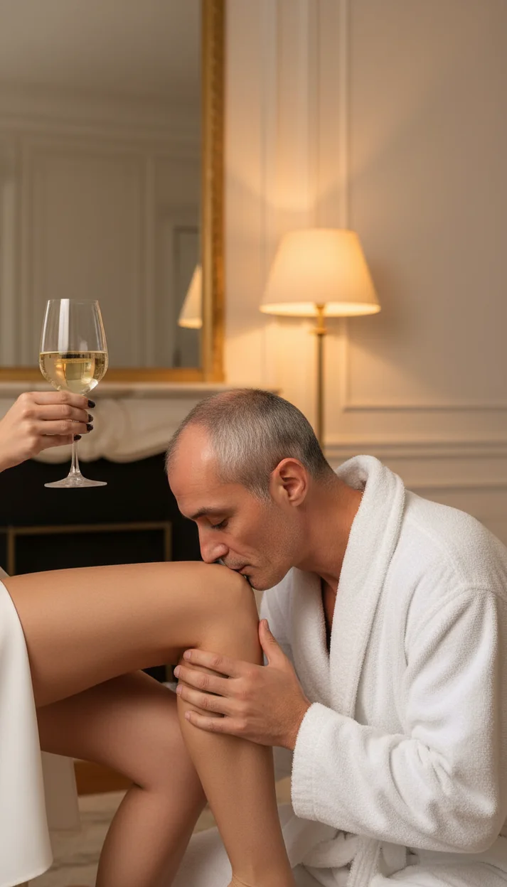      Мужчина в белом халате склоняется и целует женское колено в гостиной у камина