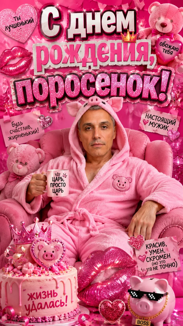 Фотосессия розовый мем —  - Открытка с пожеланием на ДР