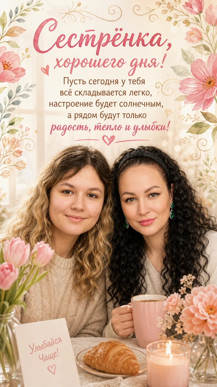 «Сестрёнка, хорошего дня! открытка с пожеланием и фото 