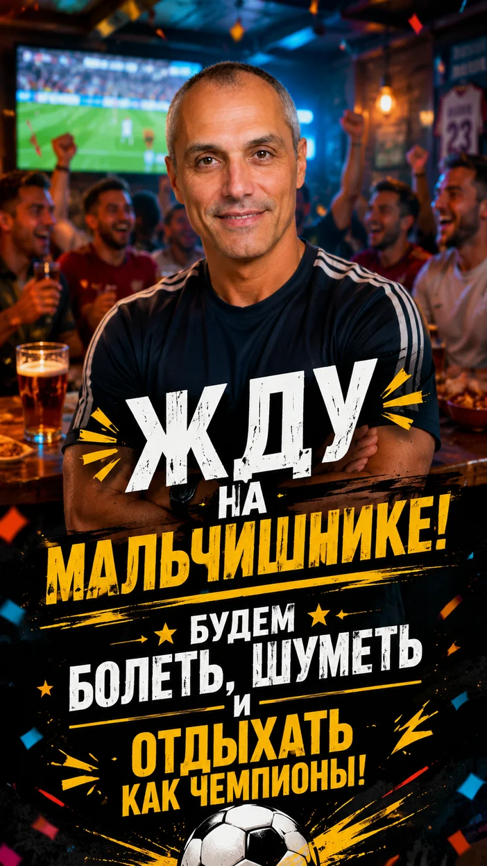 Фотооткрытка спорт-бар с текстом «Жду на мальчишнике! Будем болеть, шуметь и отдыхать как чемпионы!»