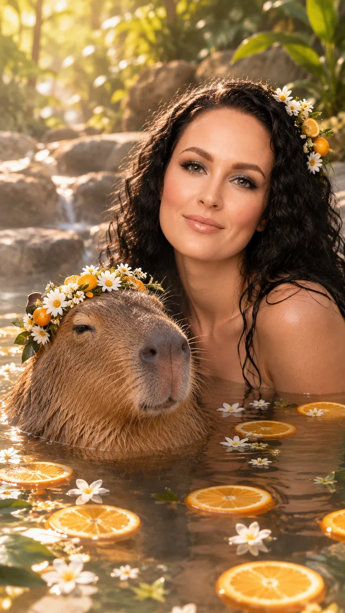 Фотосессия в воде с капибарой среди апельсинов, цветов и ромашкового венка