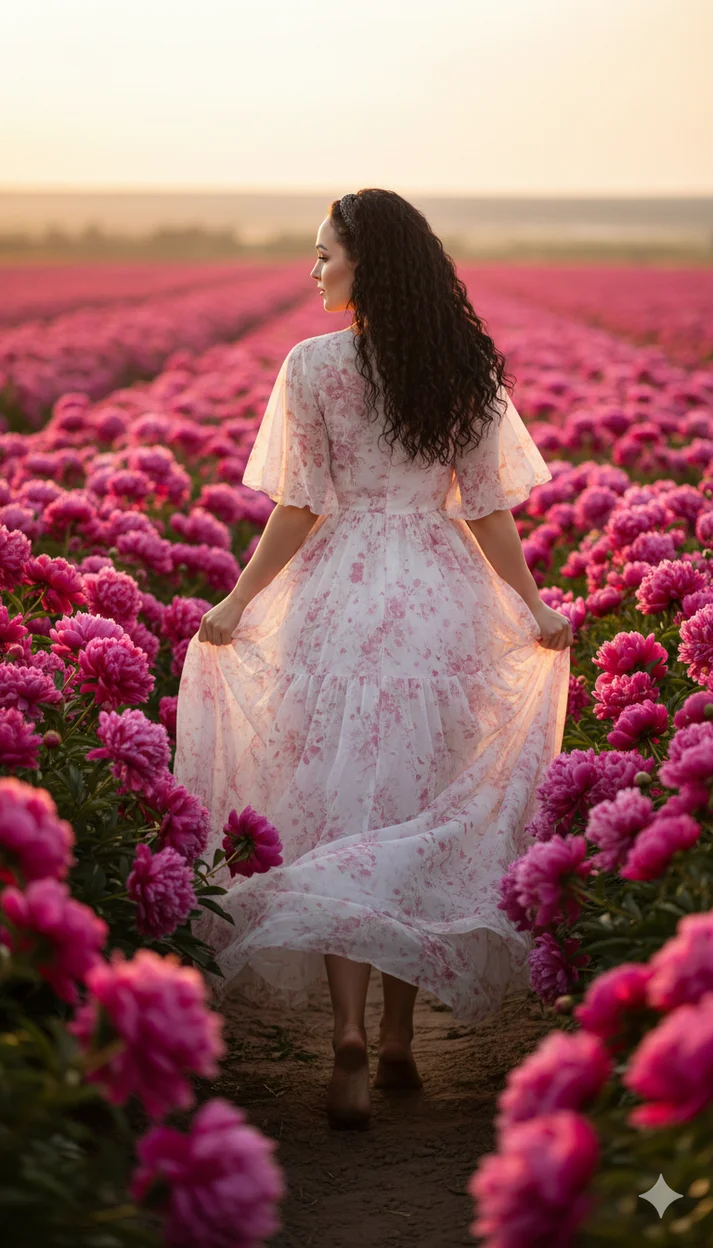 Женщина в поле пионов в длинном цветочном платье