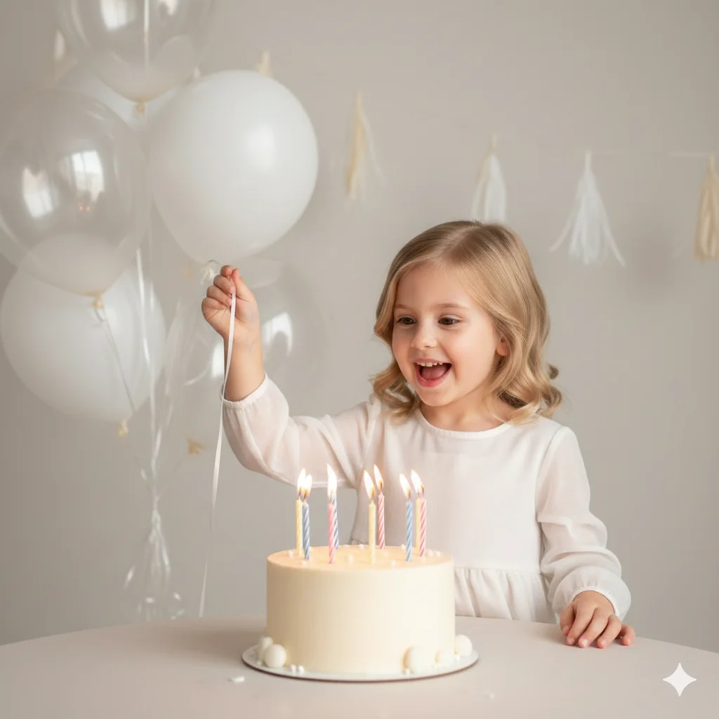 Ребёнок за праздничным столом с тортом и горящими свечами в светлой студии