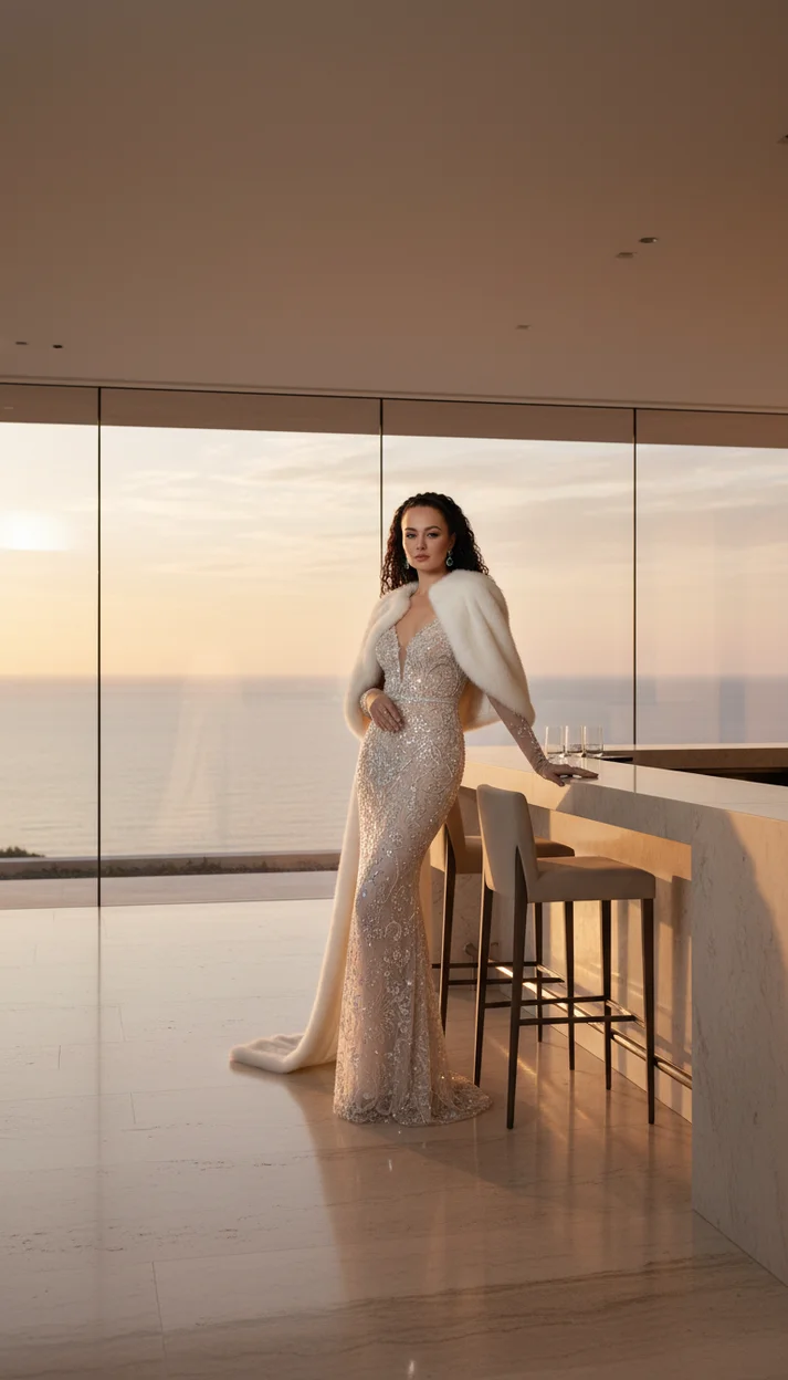 глянцевая fashion-съёмка в интерьере с панорамным видом на океан
