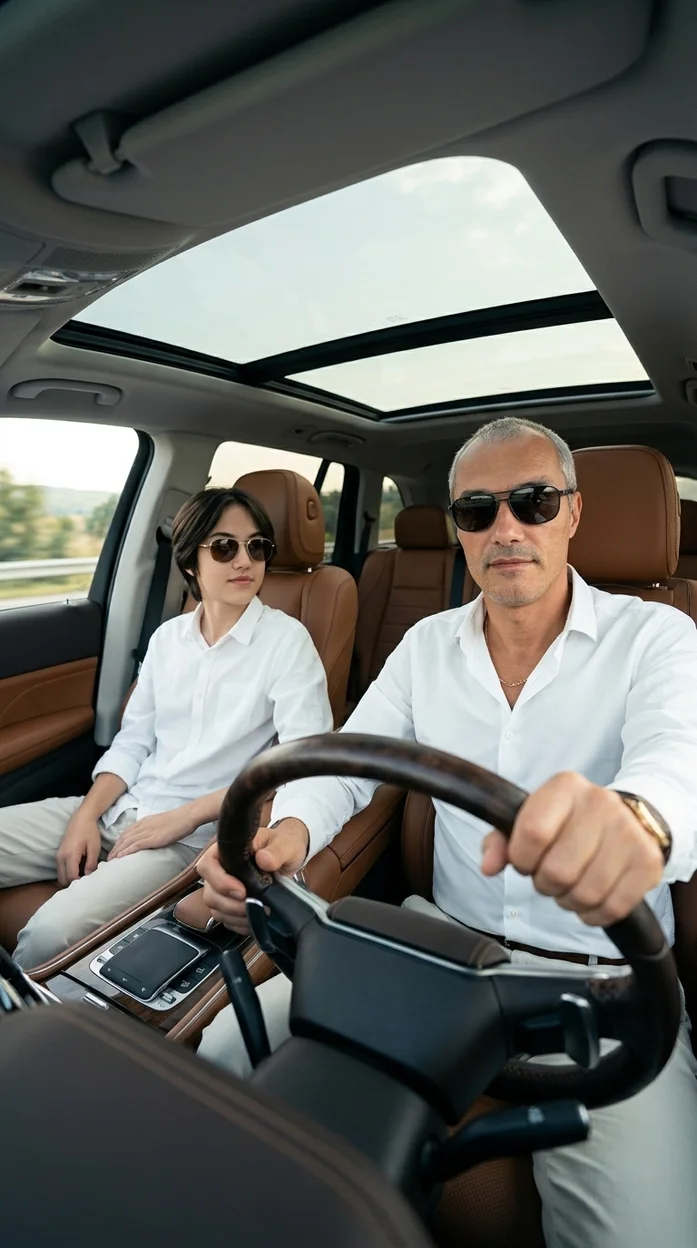 luxury lifestyle-фотосессия внутри премиального автомобиля отец с сыном 