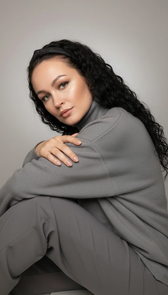  Женщина в студии в сером свитере