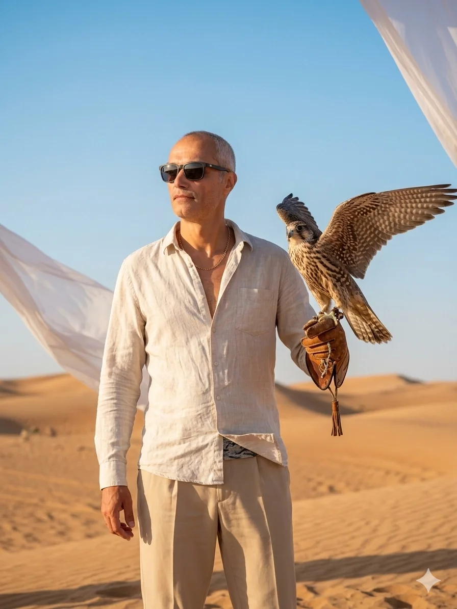 Мужчина в пустыне с соколом на руке 