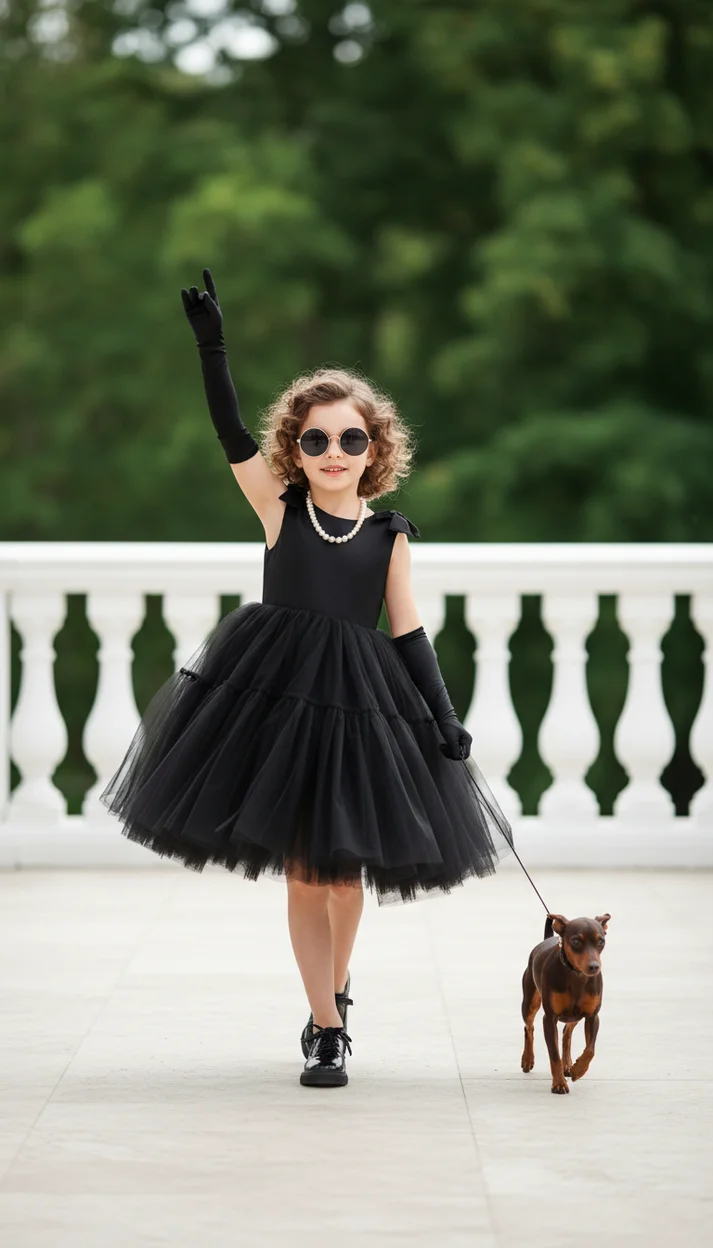 Модный портрет ребёнка с маленькой собакой на террасе