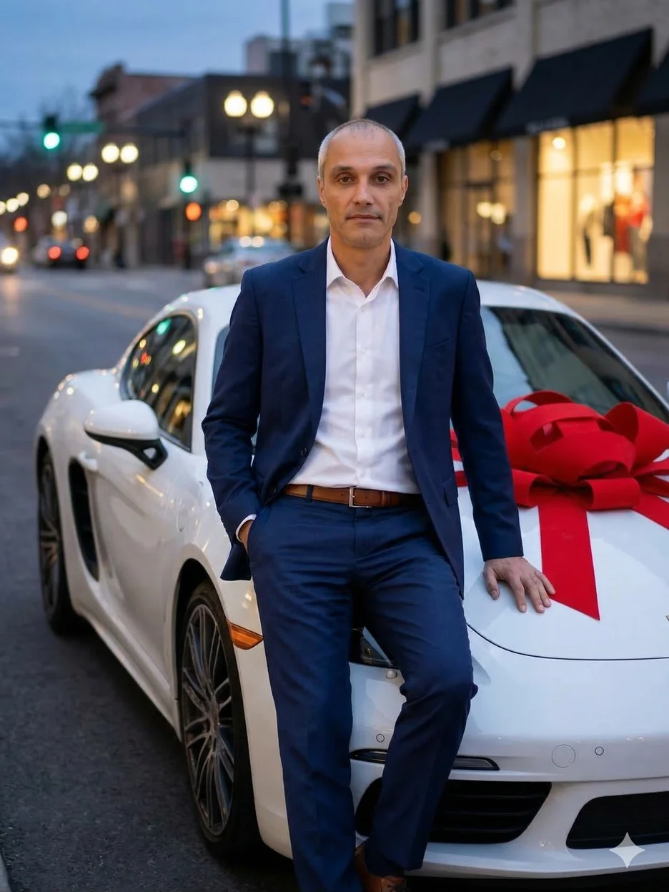 Мужчина в костюме опирается на белый автомобиль с крупным бантом на капоте