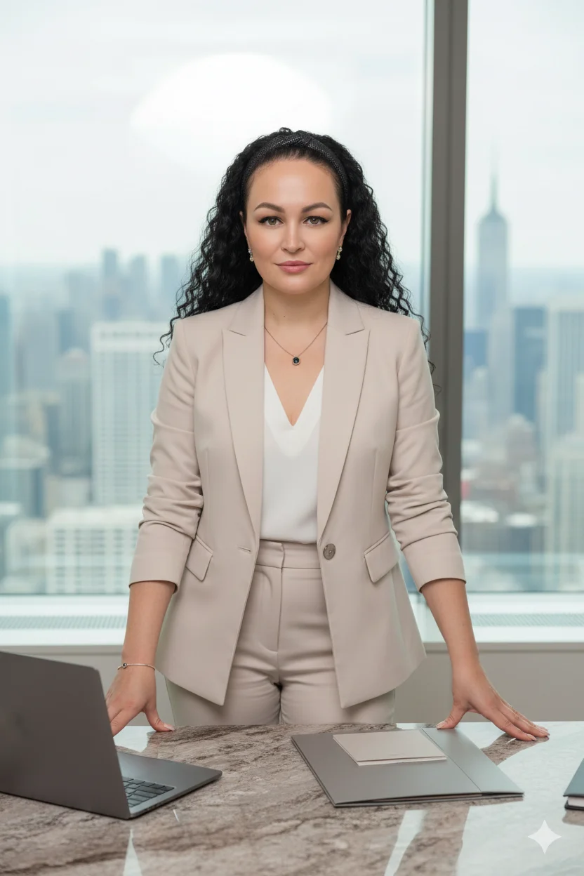 женщина в светлом костюме стоит за рабочим столом в офисе