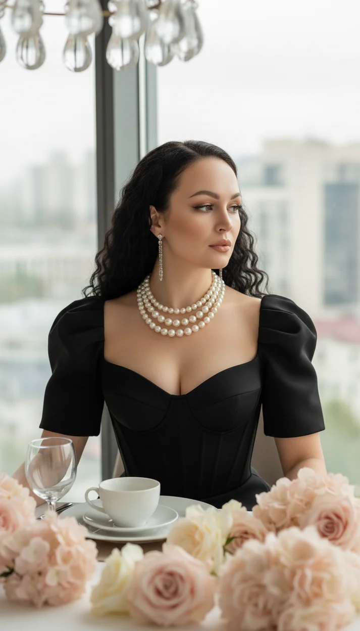  Девушка в чёрном платье с жемчугом сидит за столом с цветами