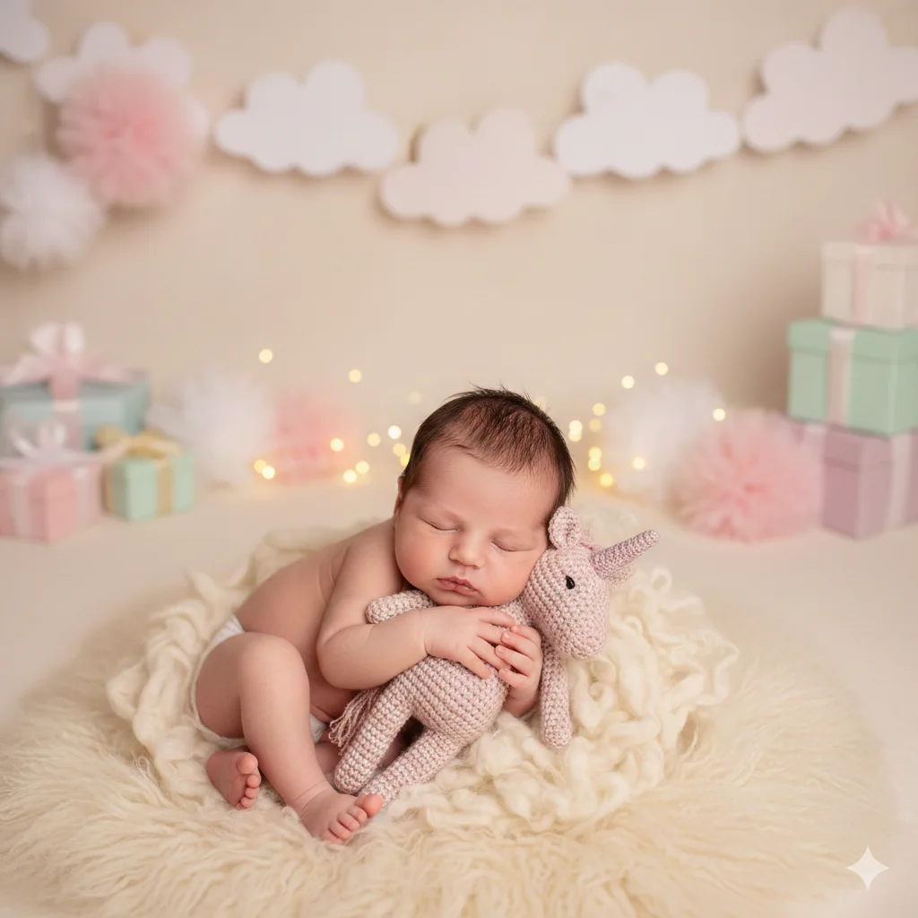 малыш лежит на спине на пушистом пледе, обнимает вязаного единорога