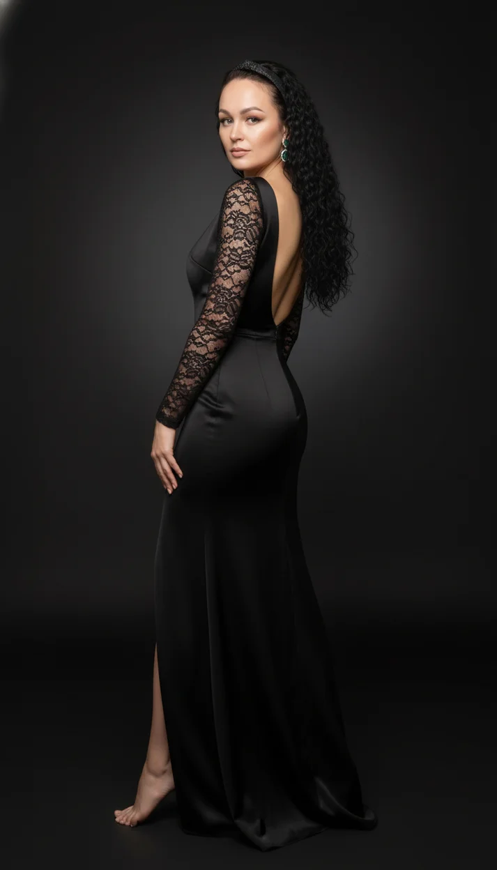  Девушка в чёрном платье с открытой спиной стоит в студии
