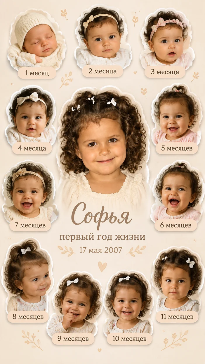 Фотосессия девочки в бежевом коллаже первого года жизни