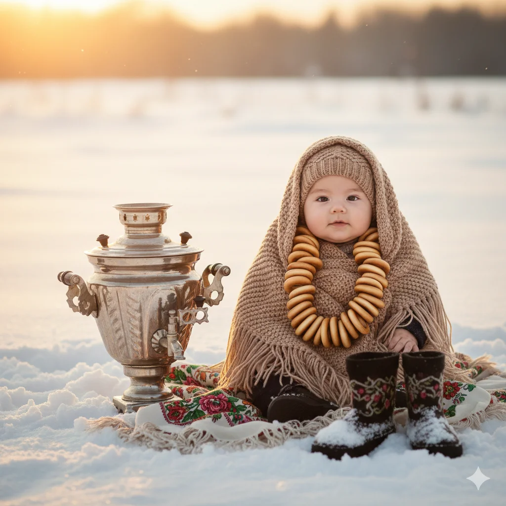 Малыш в платке с баранками у самовара сидит на снегу