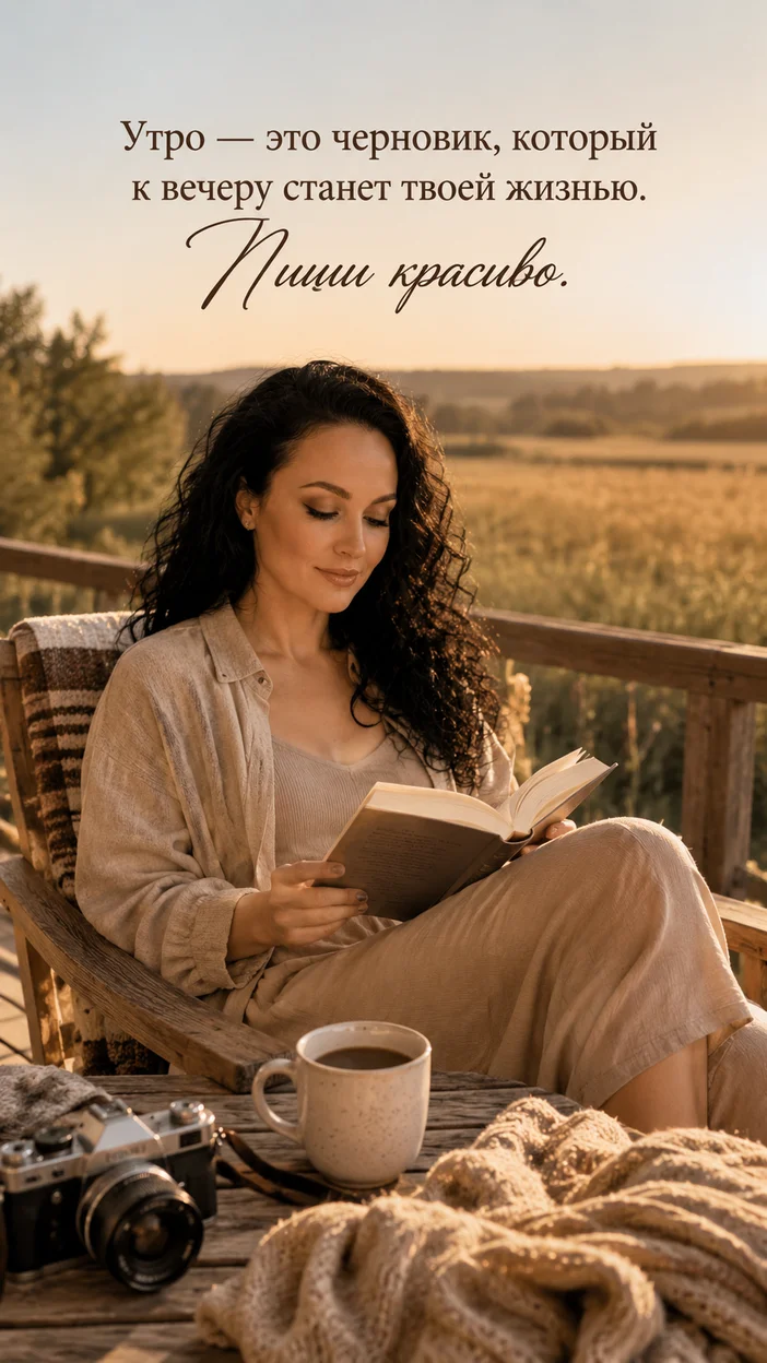 Фотосессия женщины на террасе с книгой — текст «Утро — это черновик, который к вечеру станет твоей жизнью. Пиши красиво.»