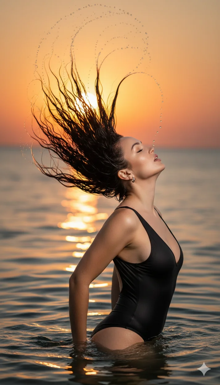 Девушка в чёрном купальнике в море на закате профиль выгиб спины 