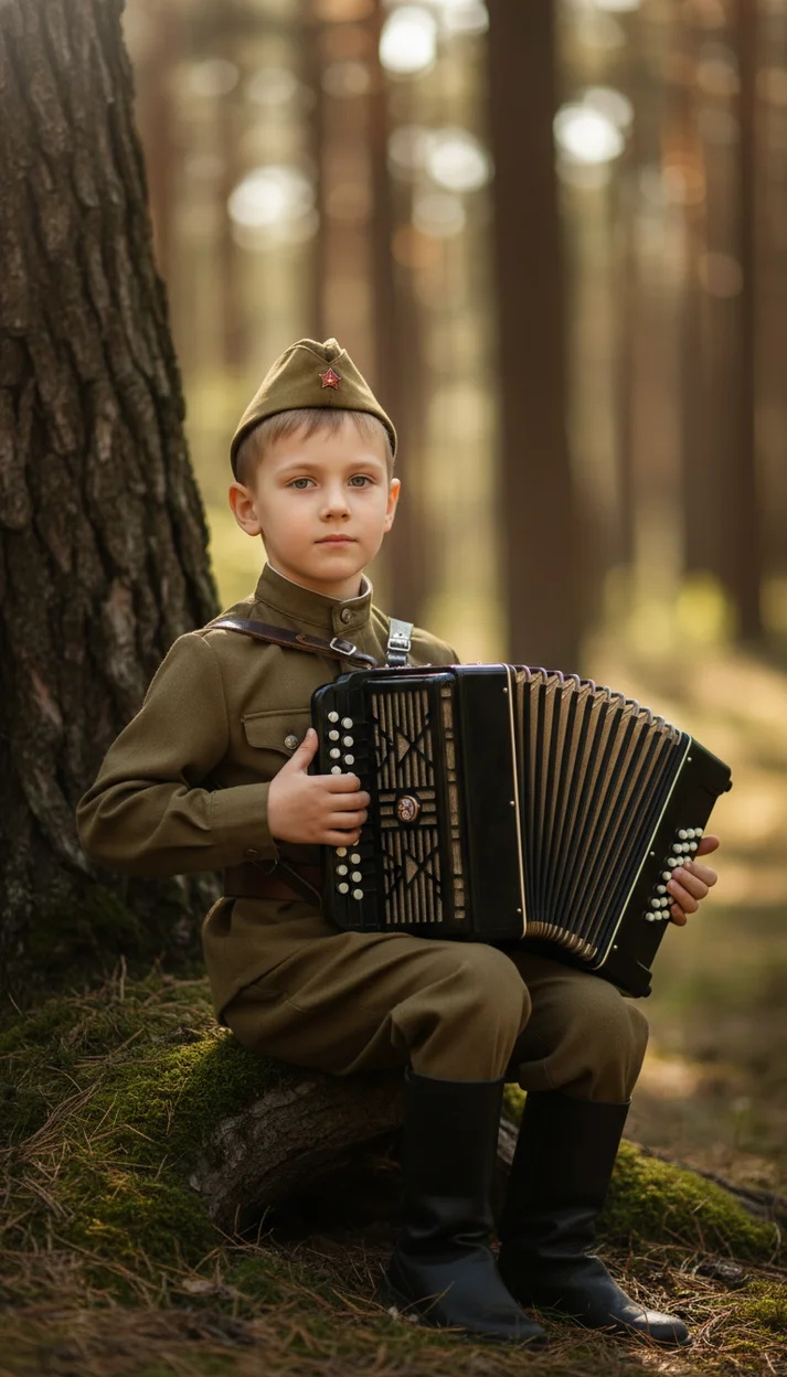  Ребёнок в военной форме с баяном у дерева сидит