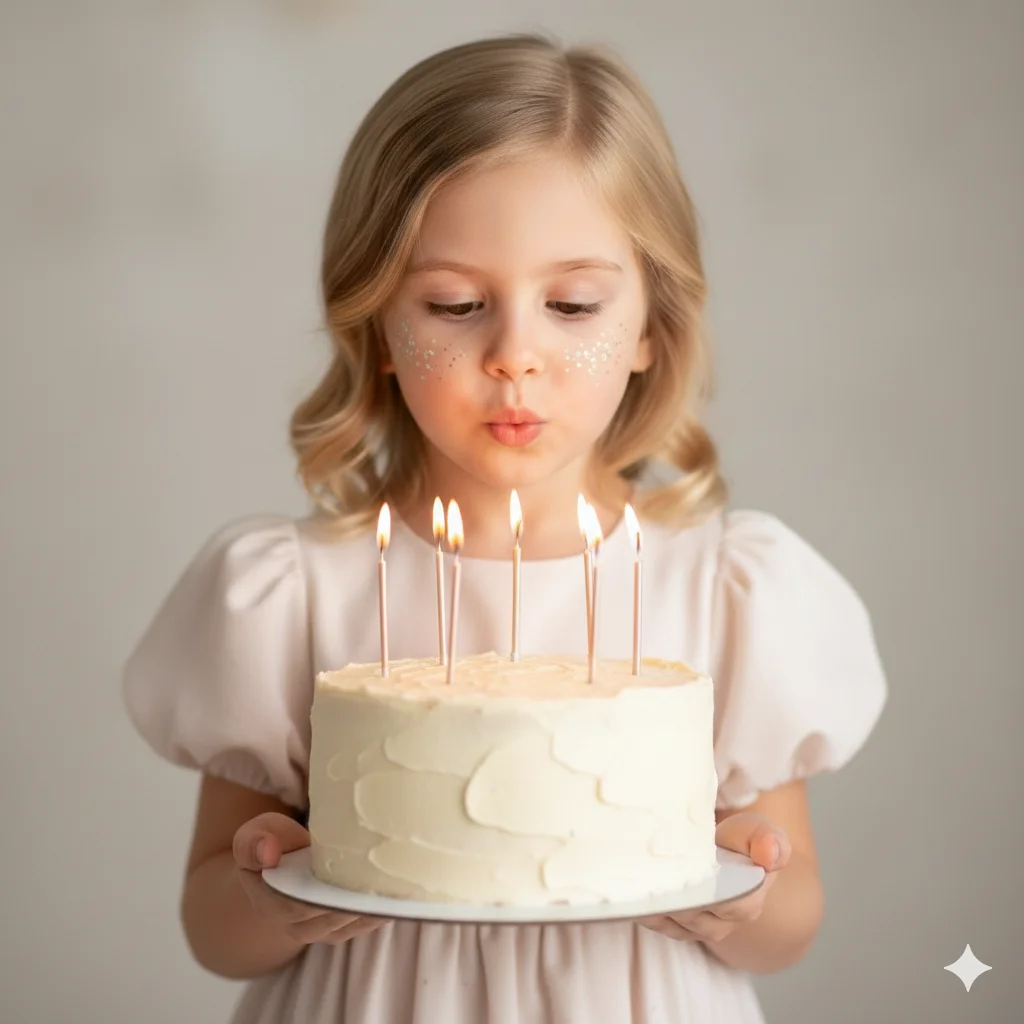 Маленькая девочка держит торт со свечами и задувает их