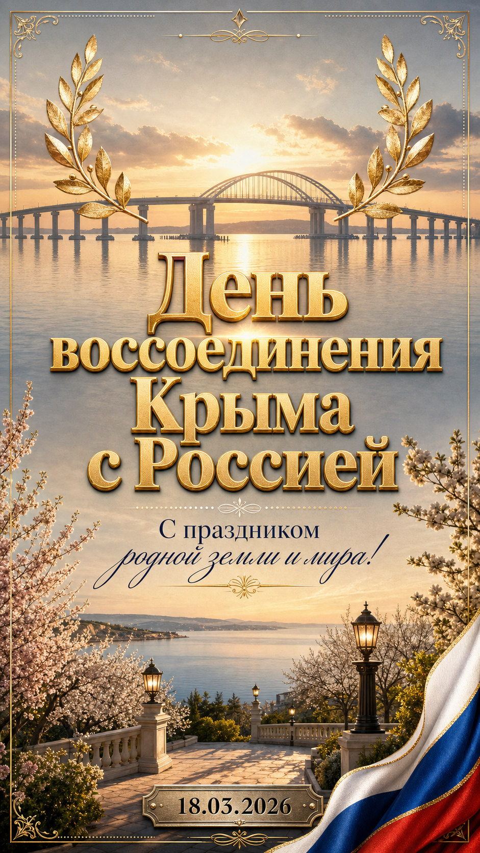 День воссоединения Крыма с Россией — 18.03.2026 — торжественная открытка с видом на мост
