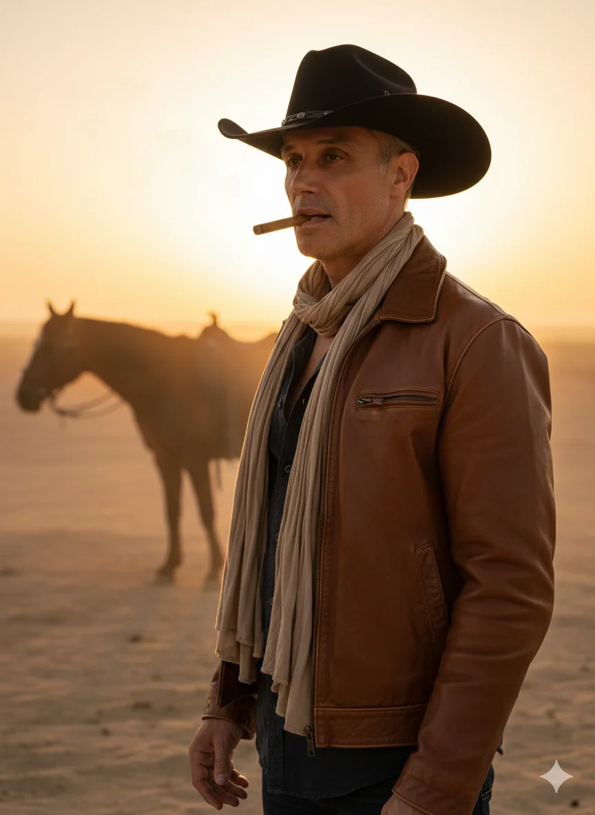 Мужчина в ковбойской шляпе в пустыне на закате с сигарой