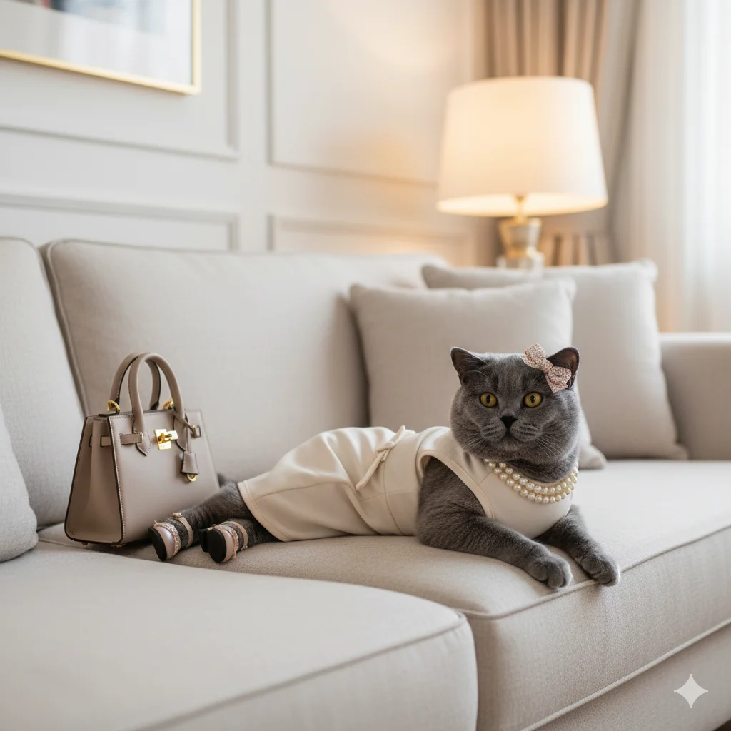 Животное в изысканном вечернем образе лежит на диване с сумкой и аксессуарами в интерьере