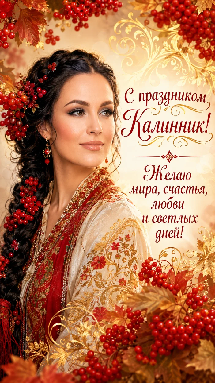 Фотооткрытка в элегантном русском стиле с текстом «С праздником Калинник! Желаю мира, счастья, любви и светлых дней!»